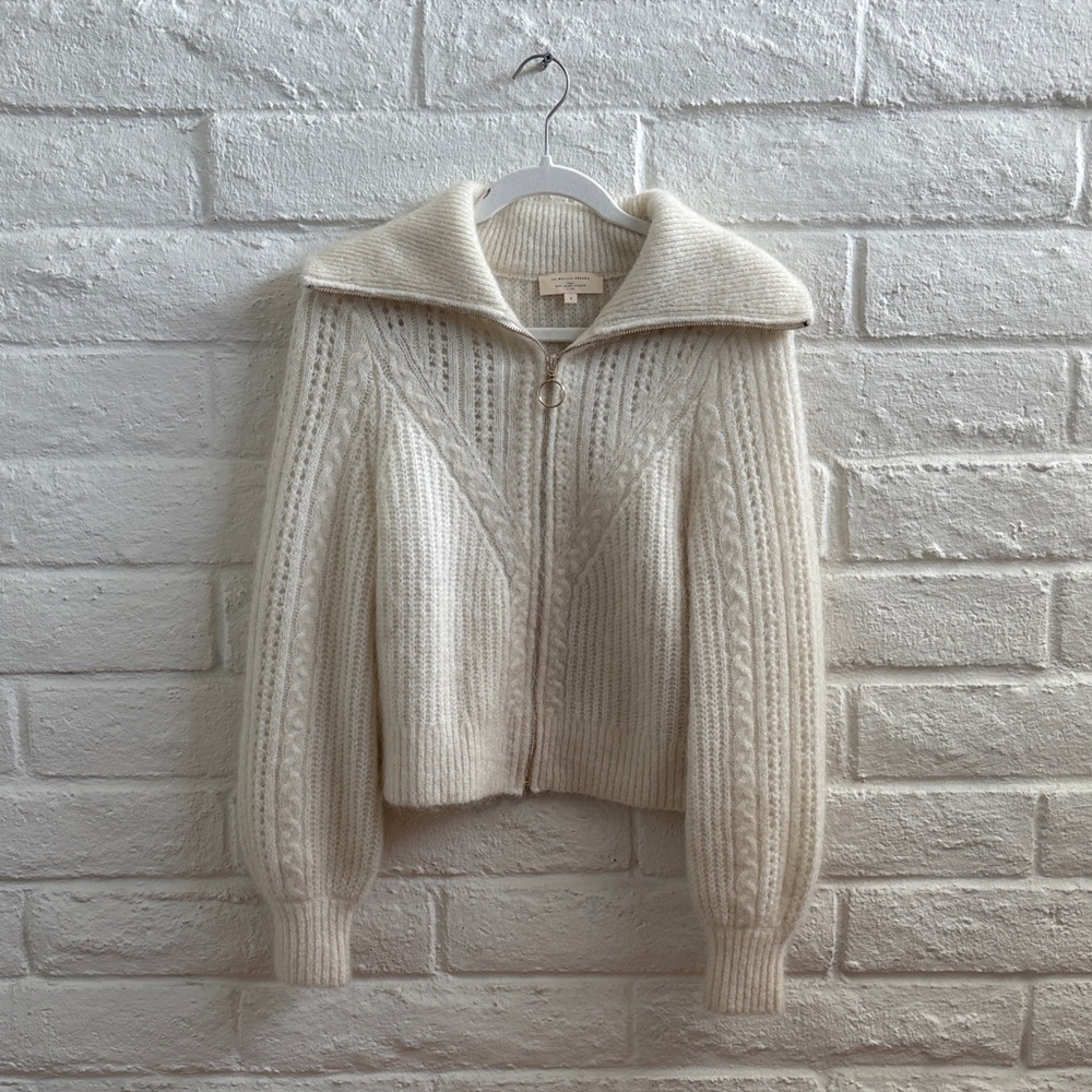 Sezane Cream Cable-Knit Zip Cardigan with Wide Collar